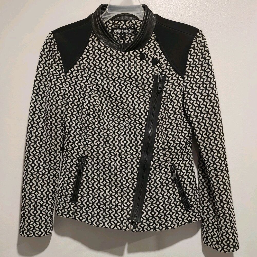 Yoana Baraschi Geometric Print Moto Jacket Genuine Lambskin Accents Size 6